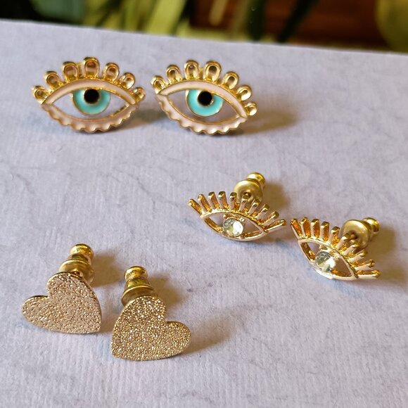 Evil Eye and Hearts Post Earrings All Brand New Never Worn - Picture 1 of 2